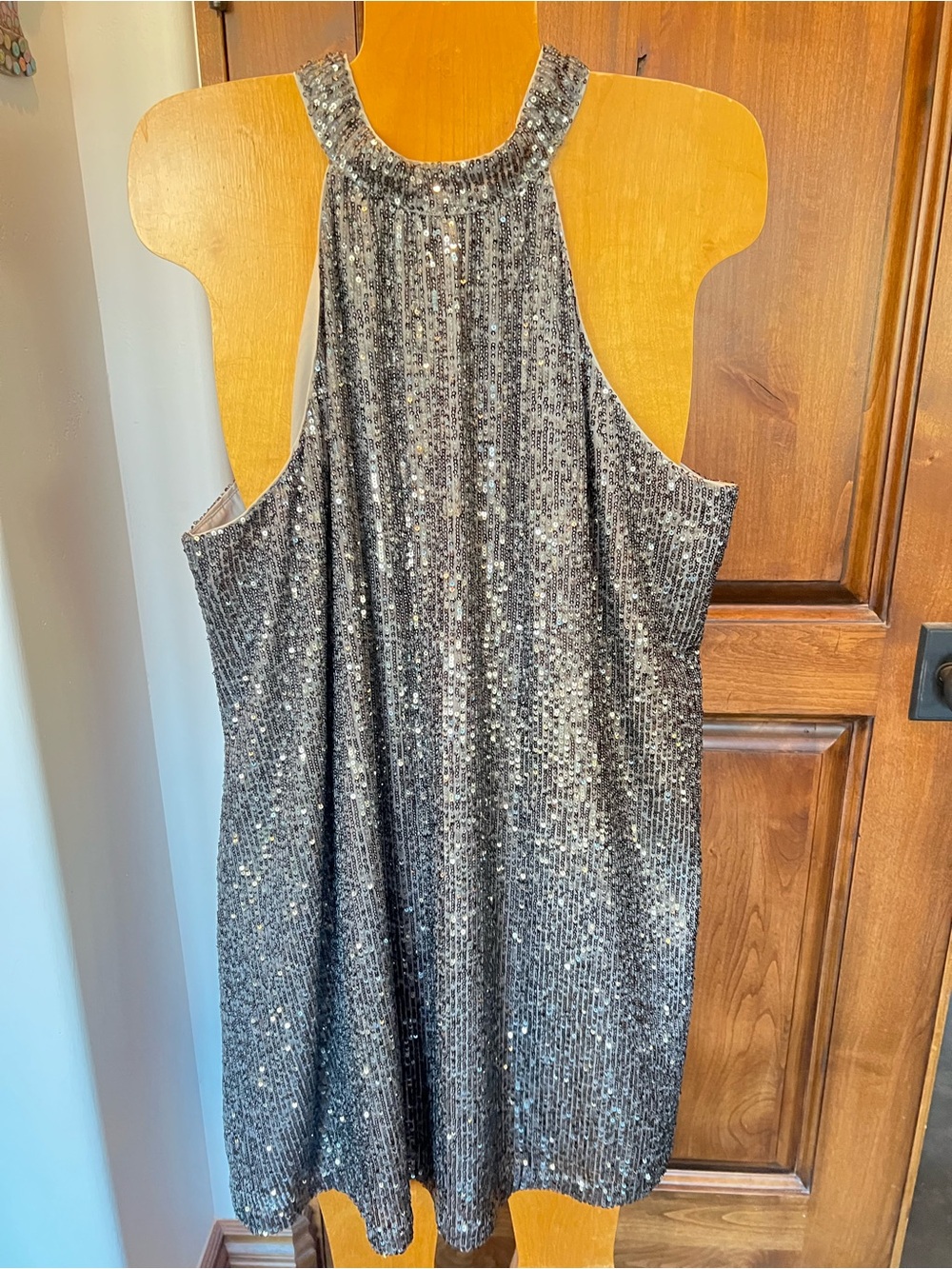 Ann Taylor Loft Sparkle Disco Halter evening party dress silver Size Large Petit